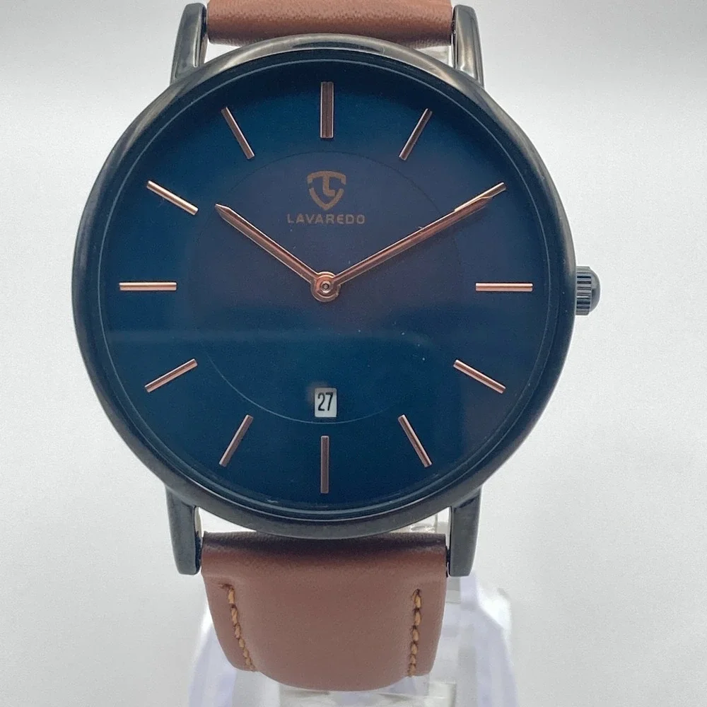 Lavaredo Men's Watch 40mm Black Blue Dial Date Brown Leather 30M New Battery 9